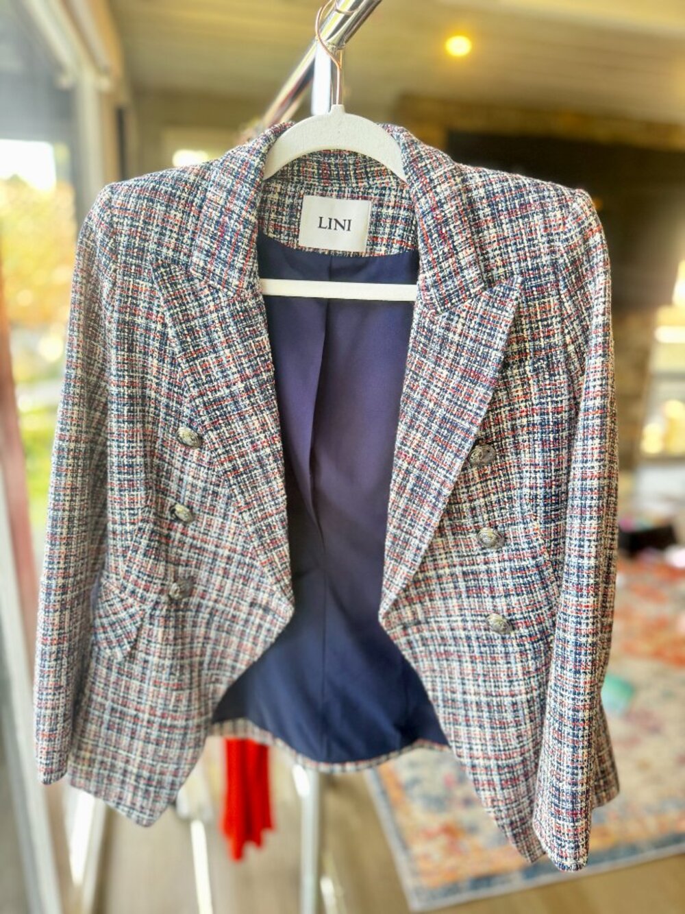 LINI Tweed Double-Breasted Blazer | Navy Red Ivory | Size 0 | Made in USA | Luxu